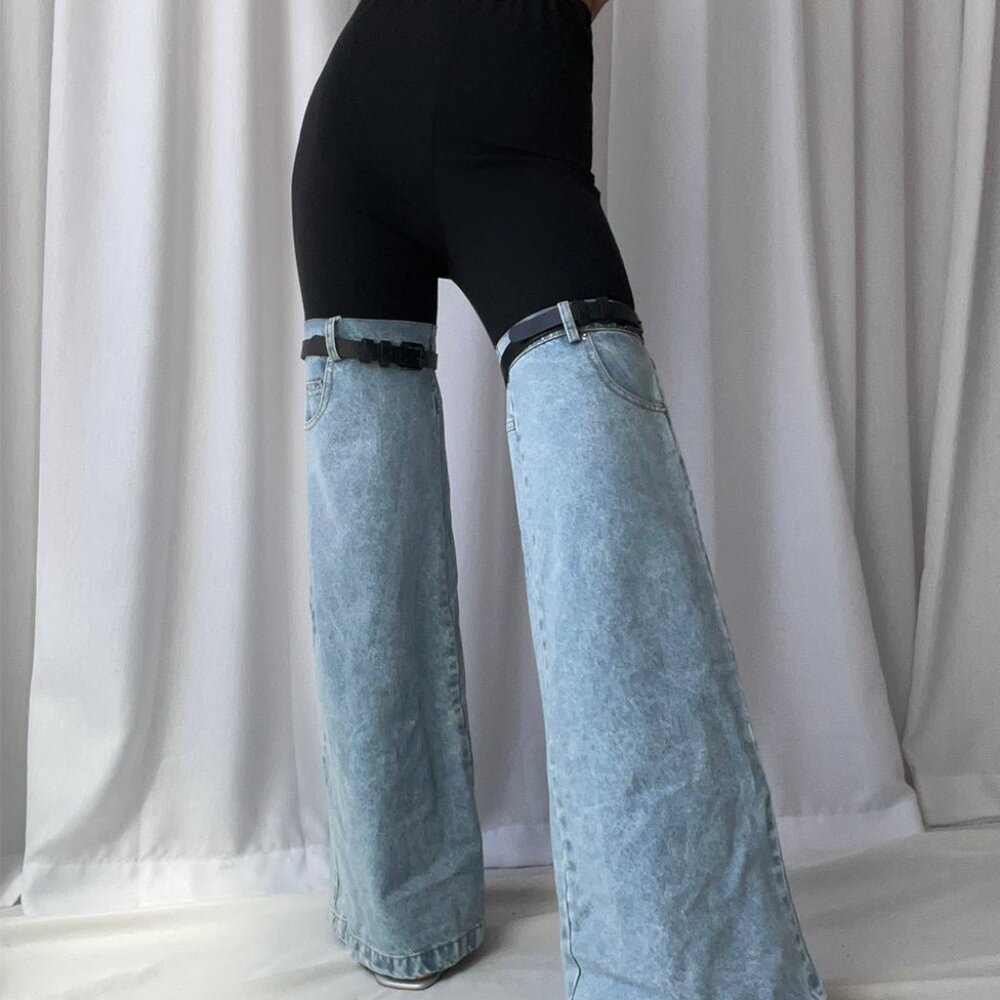 Zcrave Bicolor Two-Tone Black and Blue Denim Trouser Stretch Waist Women L Jeans